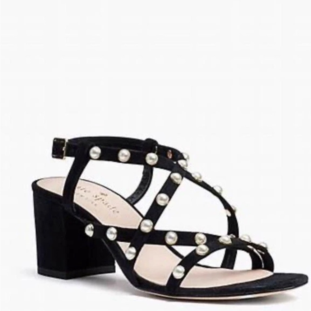 Kate Spade Wynne black suede pearl embellished block heel sandals sz 7
